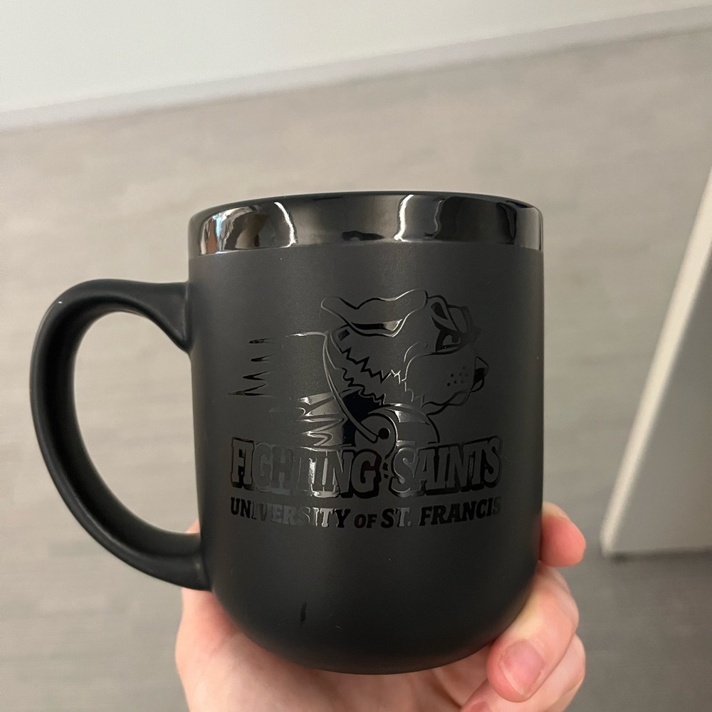 NWOT University of St. Francis Fighting Saints Matte Black Mug w/Bulldog Mascot